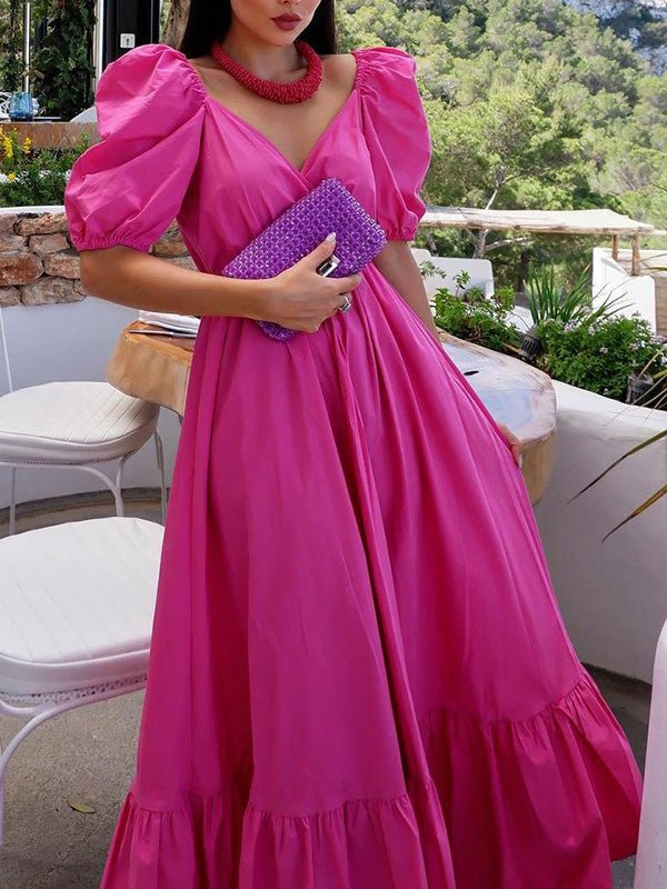 Women's Dresses Solid V-Neck Ruffle Swing Dress
