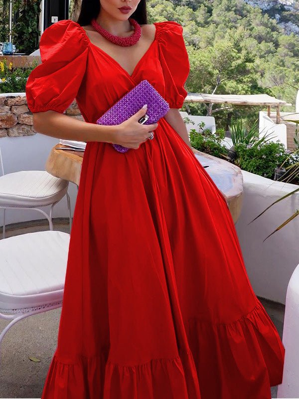 Women's Dresses Solid V-Neck Ruffle Swing Dress