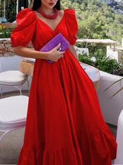 Women's Dresses Solid V-Neck Ruffle Swing Dress