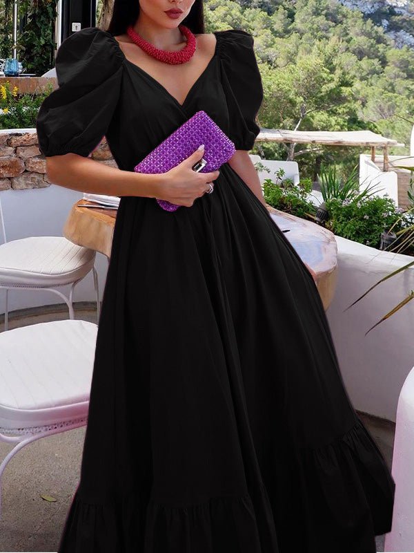 Women's Dresses Solid V-Neck Ruffle Swing Dress