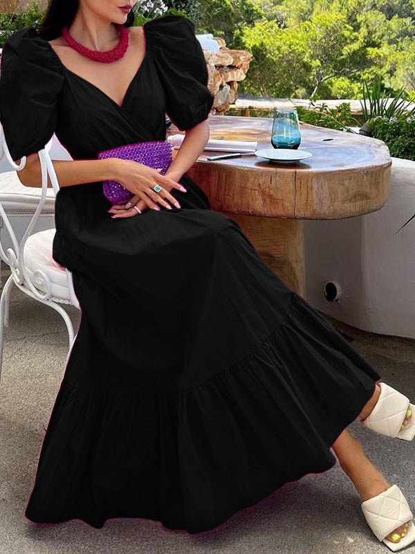 Women's Dresses Solid V-Neck Ruffle Swing Dress