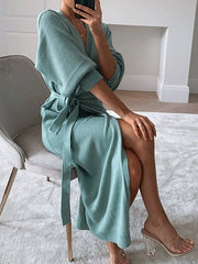 Women's Dresses Solid V-Neck Tie Long Sleeve Split Dress