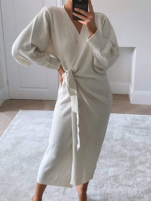 Women's Dresses Solid V-Neck Tie Long Sleeve Split Dress