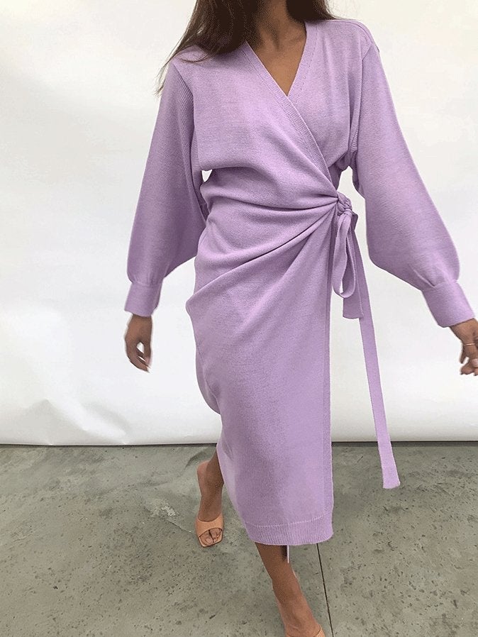 Women's Dresses Solid V-Neck Tie Long Sleeve Split Dress