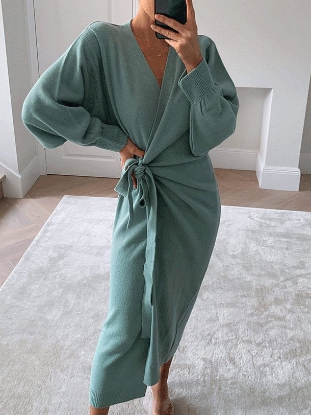 Women's Dresses Solid V-Neck Tie Long Sleeve Split Dress