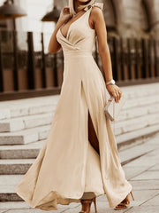 Women's Dresses Solid V-Neck Tie Slit Sleeveless Dress