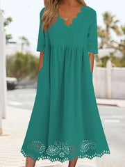 Women's Dresses Solid Wave Neck Lace Panel Pocket Casual Dress
