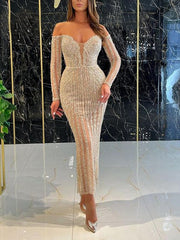 Women's Dresses Sparkling One-Shoulder Long Sleeve Slim Fit Dress