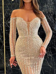 Women's Dresses Sparkling One-Shoulder Long Sleeve Slim Fit Dress