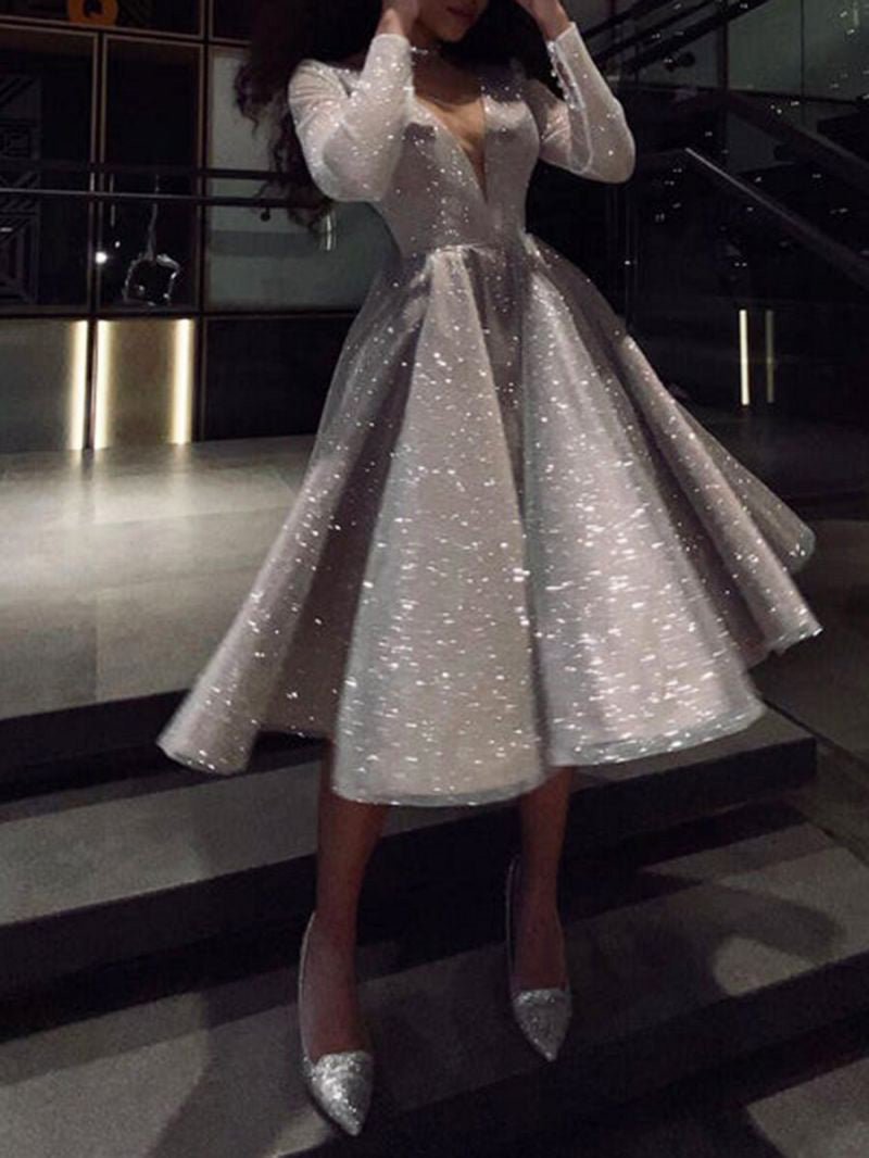 Women's Dresses Sparkling V-Neck Long Sleeve Dress