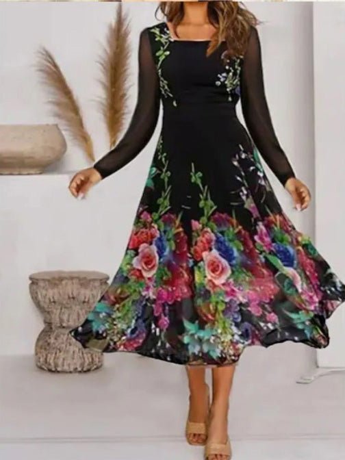 Women's Dresses Square Neck Mesh Long Sleeve Print Dress