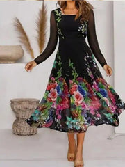 Women's Dresses Square Neck Mesh Long Sleeve Print Dress