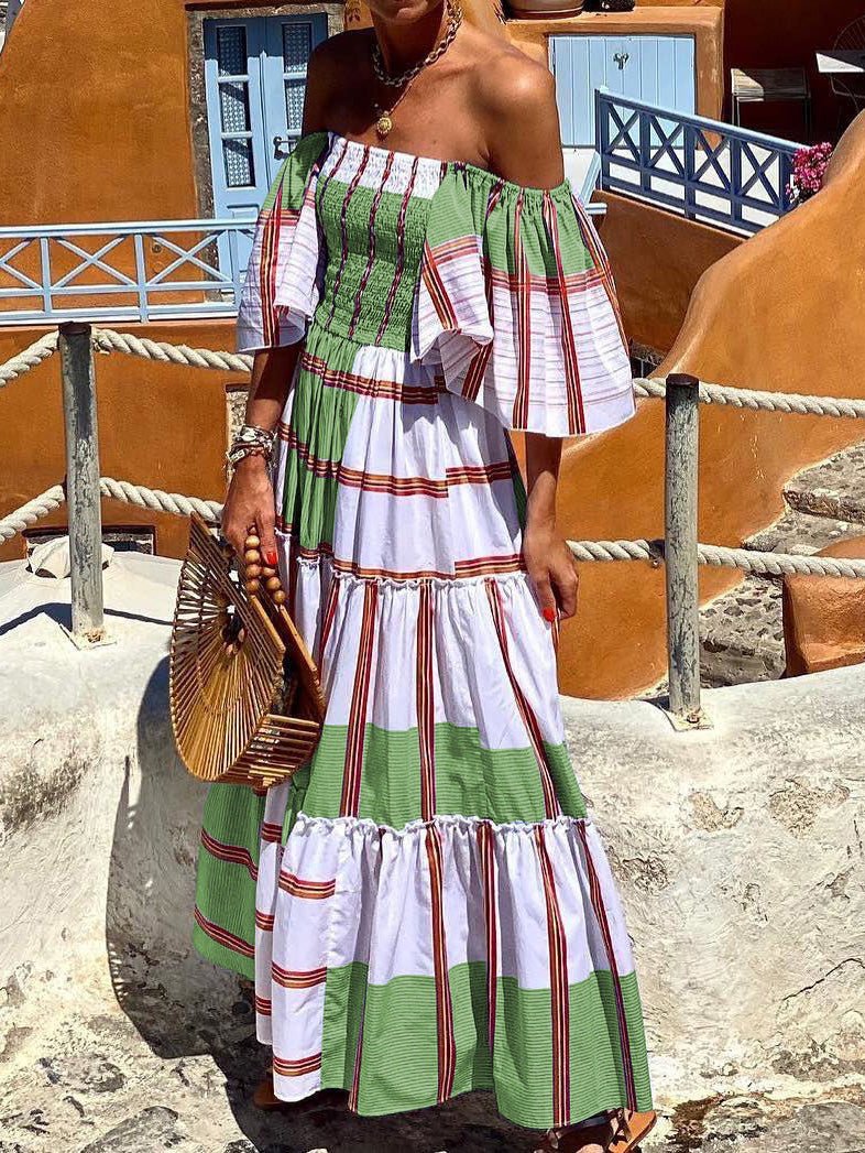 Women's Dresses Striped One-Shoulder Short Sleeve Swing Dress