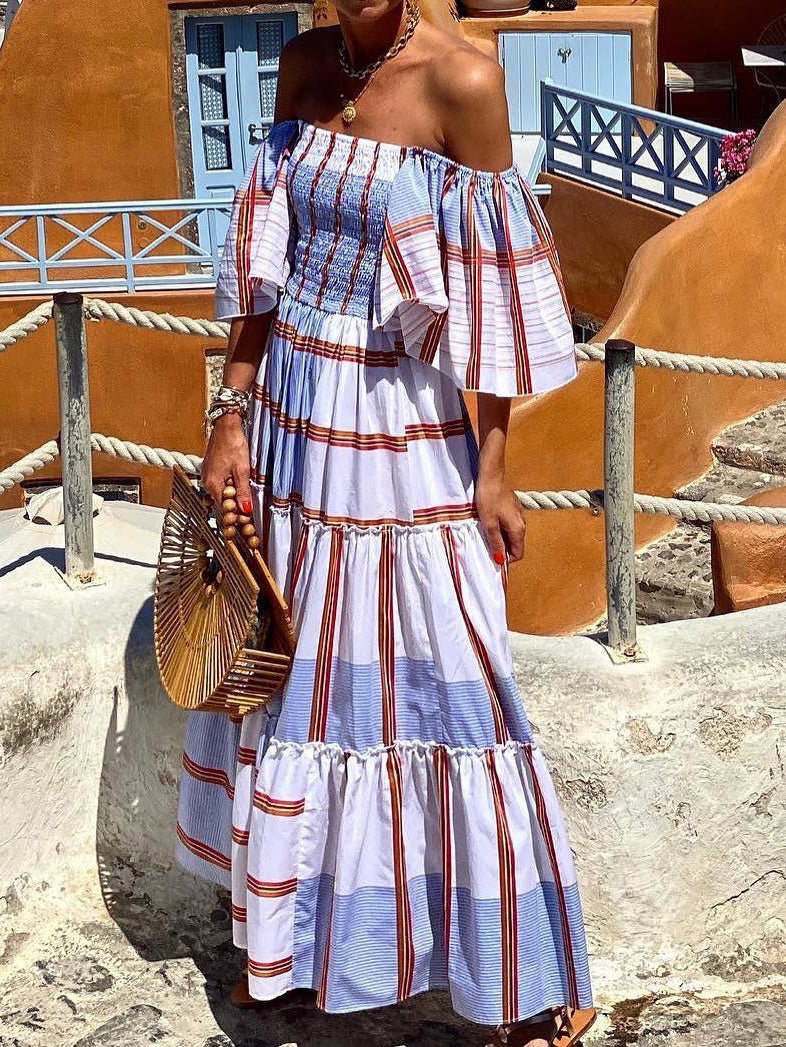 Women's Dresses Striped One-Shoulder Short Sleeve Swing Dress