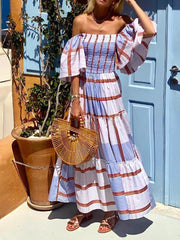 Women's Dresses Striped One-Shoulder Short Sleeve Swing Dress