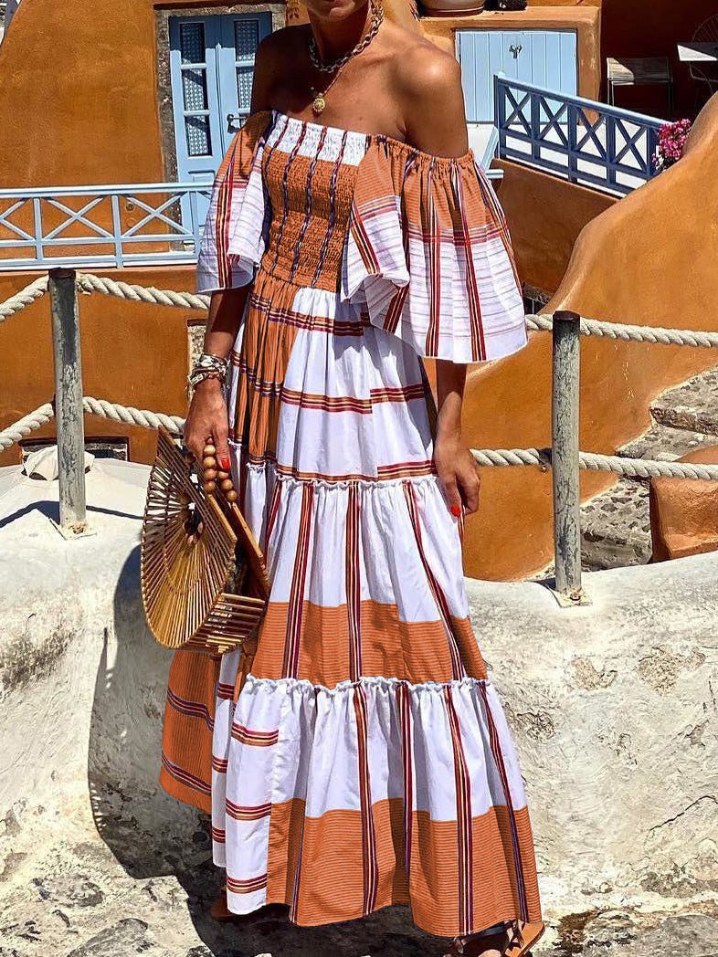 Women's Dresses Striped One-Shoulder Short Sleeve Swing Dress