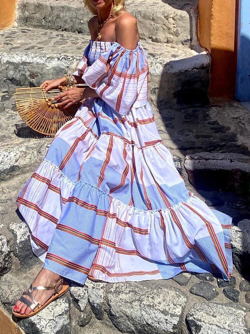 Women's Dresses Striped One-Shoulder Short Sleeve Swing Dress