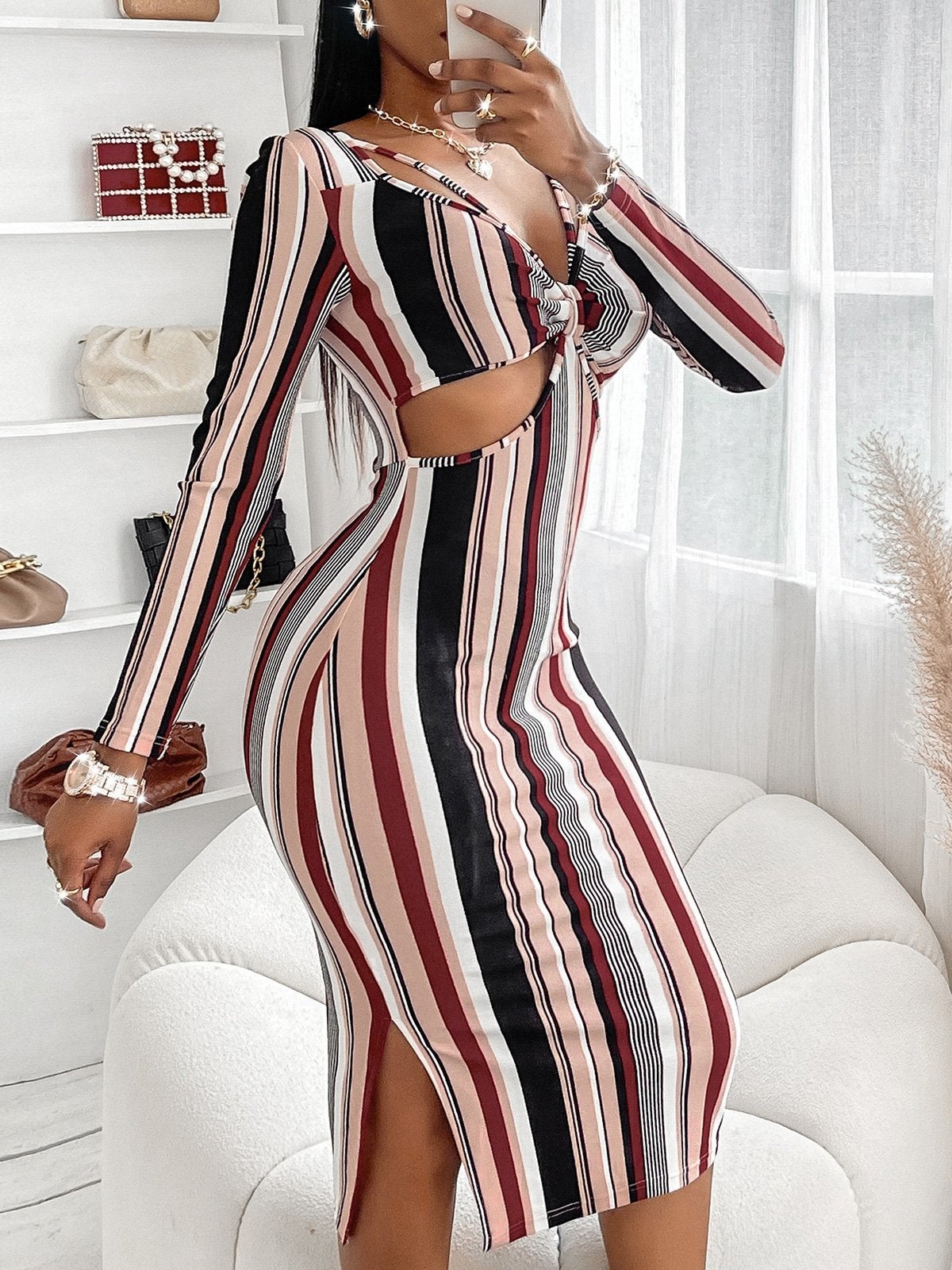 Women's Dresses Striped V-Neck Hollow Long Sleeve Dress