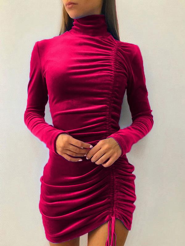 Women's Dresses Suede Drawstring High Neck Long Sleeve Tight Dress