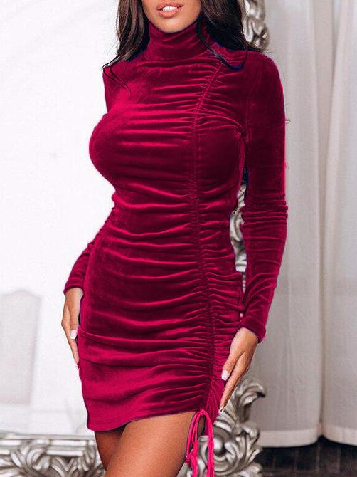 Women's Dresses Suede Drawstring High Neck Long Sleeve Tight Dress