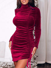 Women's Dresses Suede Drawstring High Neck Long Sleeve Tight Dress