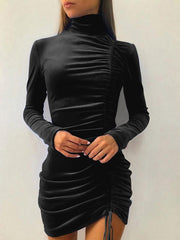 Women's Dresses Suede Drawstring High Neck Long Sleeve Tight Dress