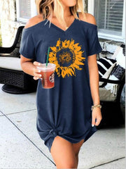 Women's Dresses Sunflower Print V-Neck Short Sleeve Dress
