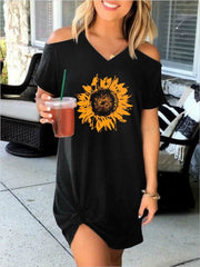 Women's Dresses Sunflower Print V-Neck Short Sleeve Dress