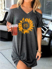 Women's Dresses Sunflower Print V-Neck Short Sleeve Dress
