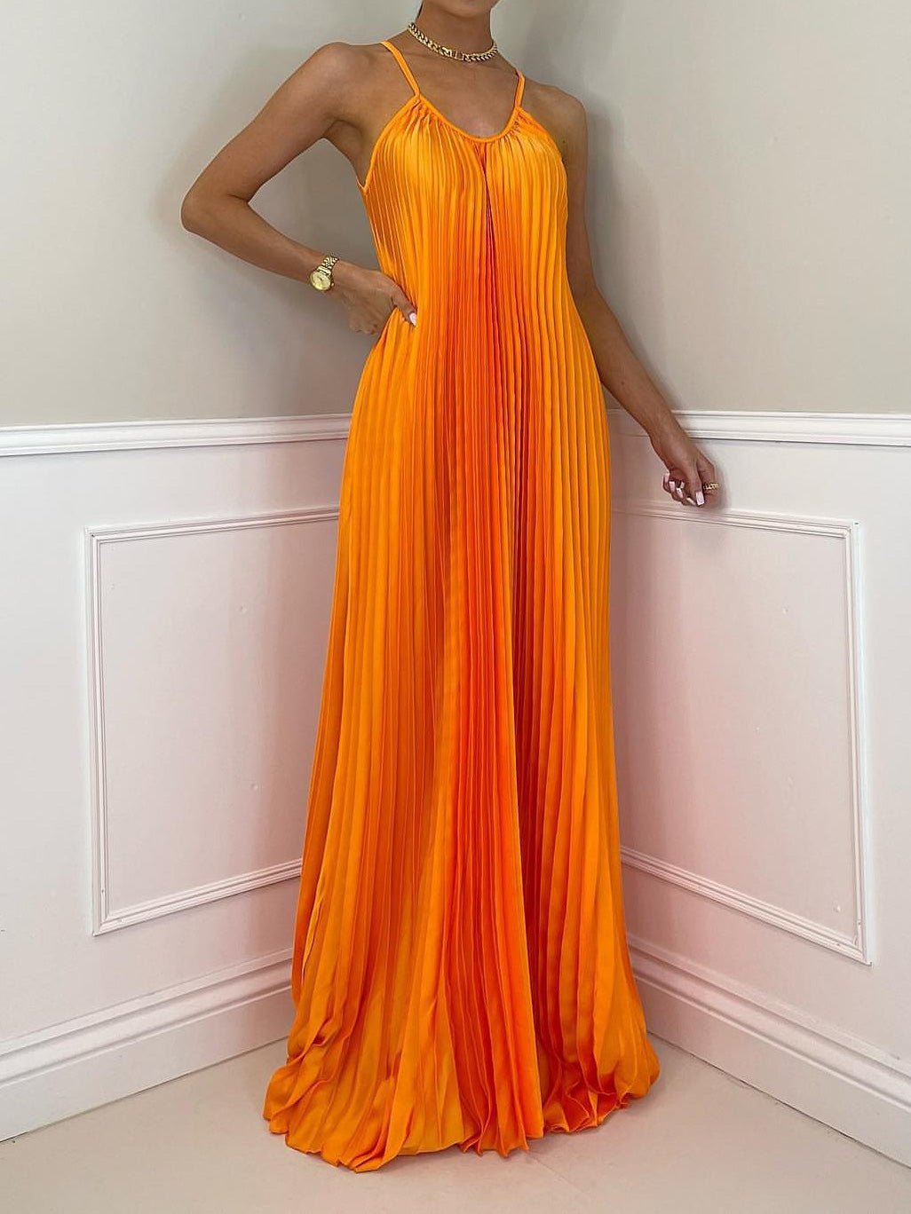 Women's Dresses Suspender Halterneck Pleated Sleeveless Dress