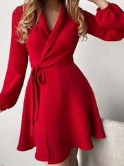 Women's Dresses Temperament V-Neck Tie Long Sleeve Mini Dress