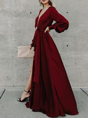 Women's Dresses V-Neck Belted Lantern Sleeve Slit Dress