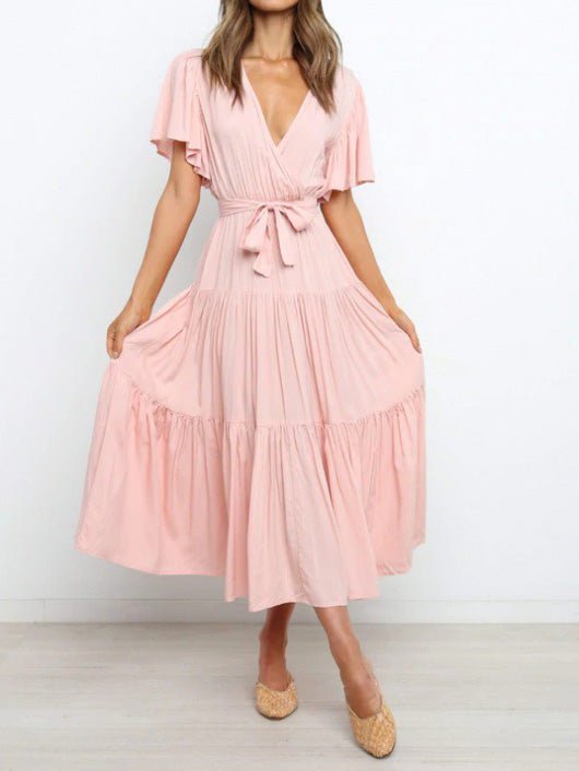 Women's Dresses V-Neck Belted Short Sleeve Dress