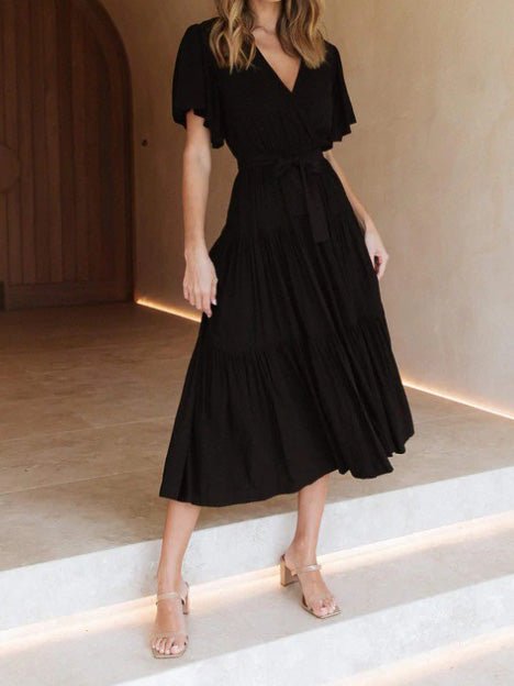 Women's Dresses V-Neck Belted Short Sleeve Dress