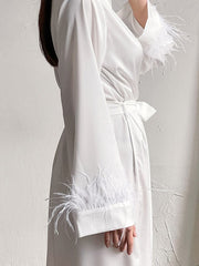 Women's Pajamas Long Sleeve Nightgown Feather Belted Acetate Silk Homewear