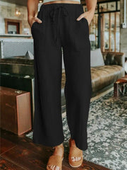 Women's Pants Elastic Waist Lace-Up Patch Pockets Wide Leg Pants