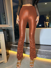 Women's Pants High Waist Pleated Hem PU Leather Pants