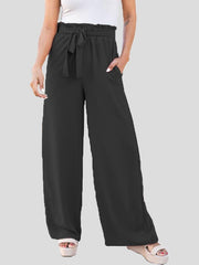 Women's Pants Loose Solid High Waist Belted Wide Leg Flared Pants