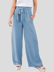 Women's Pants Loose Solid High Waist Belted Wide Leg Flared Pants