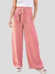 Women's Pants Loose Solid High Waist Belted Wide Leg Flared Pants