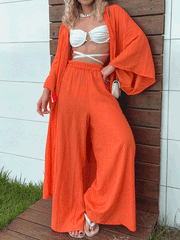 Women's Sets Casual Mid Length Cardigan & Wide Leg Pants Two Piece Set