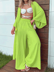Women's Sets Casual Mid Length Cardigan & Wide Leg Pants Two Piece Set