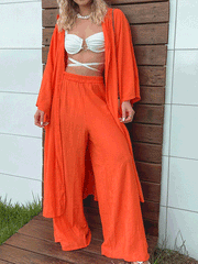 Women's Sets Casual Mid Length Cardigan & Wide Leg Pants Two Piece Set