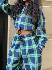 Women's Sets Check Contrast Hoodie & Trousers Two-Piece Set