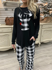 Women's Sets Check Printed Long Sleeve Top & Trousers 2-Piece Set