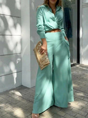 Women's Sets Crop Long Sleeve Shirt & Wide Leg Pants Two Piece Set