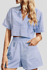 V Neck Crop Blouse Pockets Shorts Set