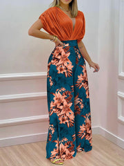 Women's Sets Doll Sleeve Top & Printed Wide Leg Pants Two Piece Set