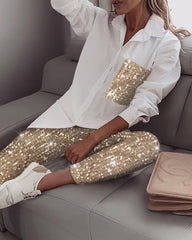 Women's Sets Glitter Sequin Long Sleeve Shirt & Pants Two-Piece Set