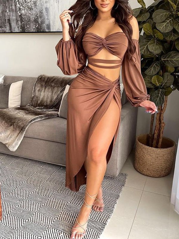 Women's Sets Hollow Crop Top & Slit Skirt Two-Piece Set